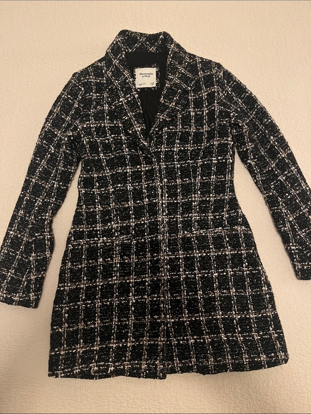 Abercrombie & Fitch Black and White Checked Tweed Trench Coat